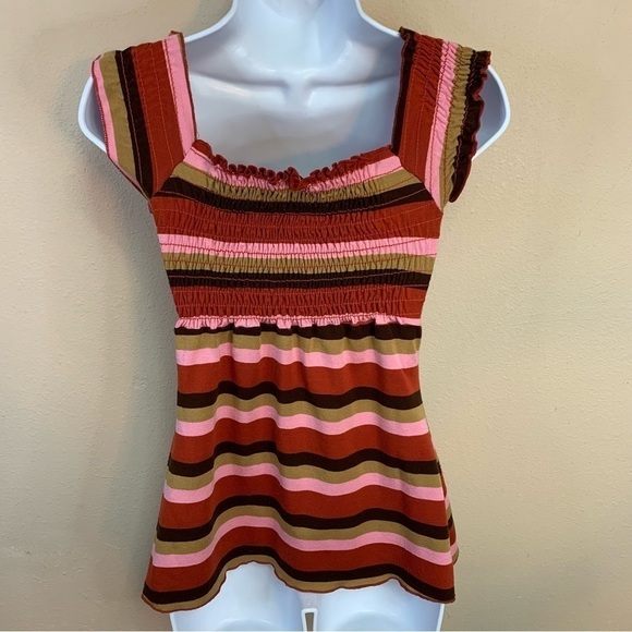 XS Y2k Era Vanity Striped Top Stretch Red Pink Ruffle 0 2 Vintage - Picture 7 of 7